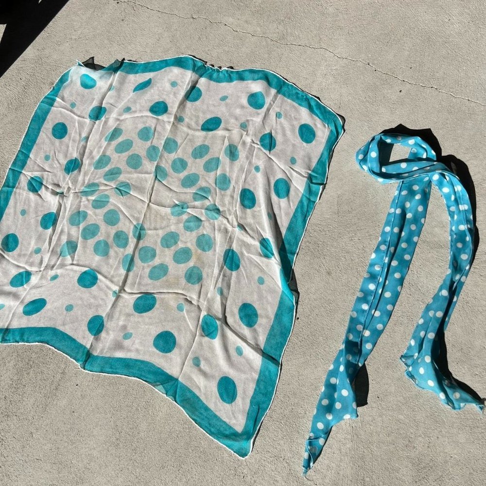 Women's Blue and White Scarf-wraps Vintage silk scarves bundle polka dotted wrap